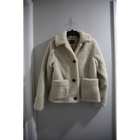 Abercrombie & Fitch Womens Teddy Fleece Jacket Ivory Cream Button Up size MED - Picture 1 of 7